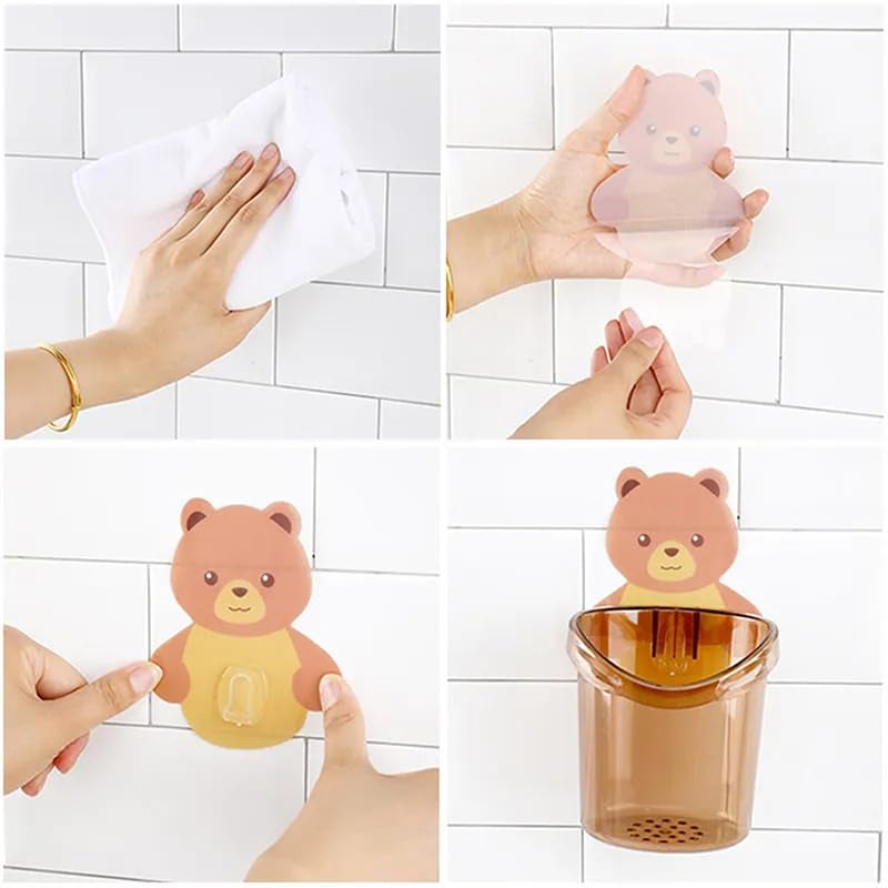 Shanaya SHANAYA Toothbrush Holder (Set of 2Pcs) Plastic Stand for Toothpaste, Comb, Brush, Cream, Lotion Kids Bathroom Cup Drain Waterproof Self-Adhesive, Teddy Bear - Image 3