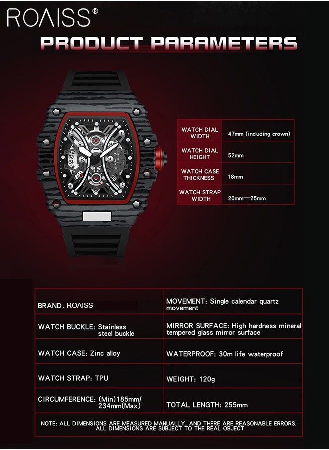 roaiss - Men's Hollow Design Quartz Watch, Analog Display Barrel-shaped Dial with Calendar Display, Luminous Waterproof Fashion Wristwatch as Gift for Men - Image 1