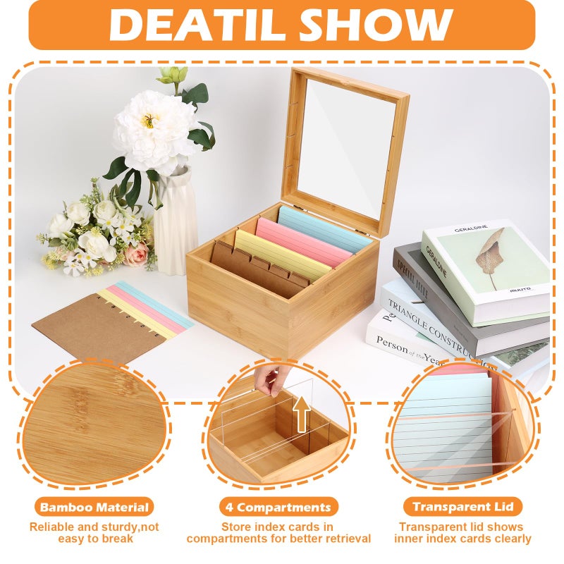 DLUGOPIS 5X8 Index Card Holder With Dividers Bamboo Index Card Storage Box 4 Compartments Recipe Card Box With Lid 150 Index Flash Cards 25 Index Card Dividers 2 Letter Smile Stickers For Office Business Home - Image 3