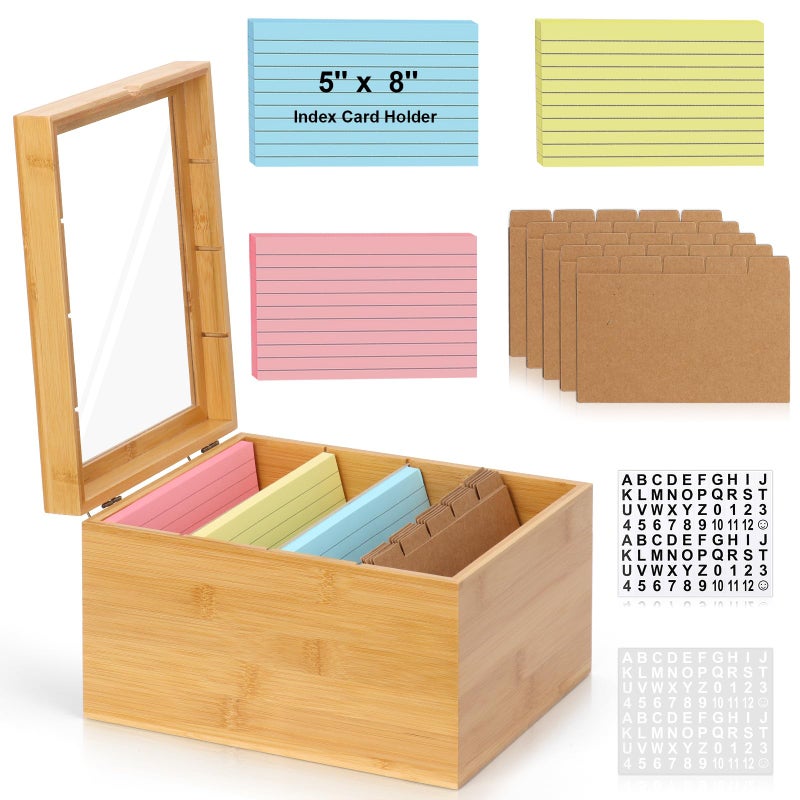 DLUGOPIS 5X8 Index Card Holder With Dividers Bamboo Index Card Storage Box 4 Compartments Recipe Card Box With Lid 150 Index Flash Cards 25 Index Card Dividers 2 Letter Smile Stickers For Office Business Home - Image 1