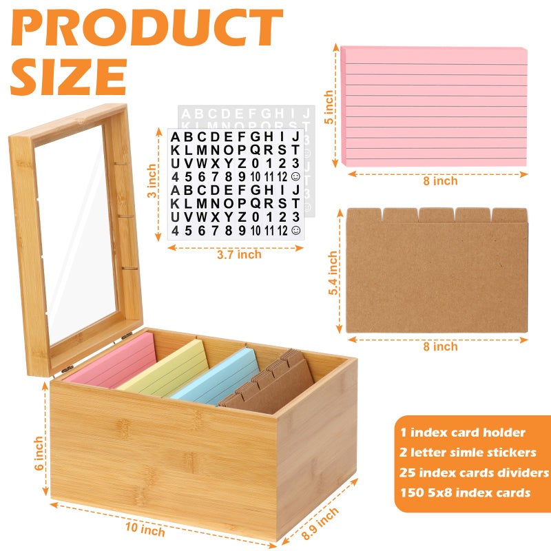 DLUGOPIS 5X8 Index Card Holder With Dividers Bamboo Index Card Storage Box 4 Compartments Recipe Card Box With Lid 150 Index Flash Cards 25 Index Card Dividers 2 Letter Smile Stickers For Office Business Home - Image 2