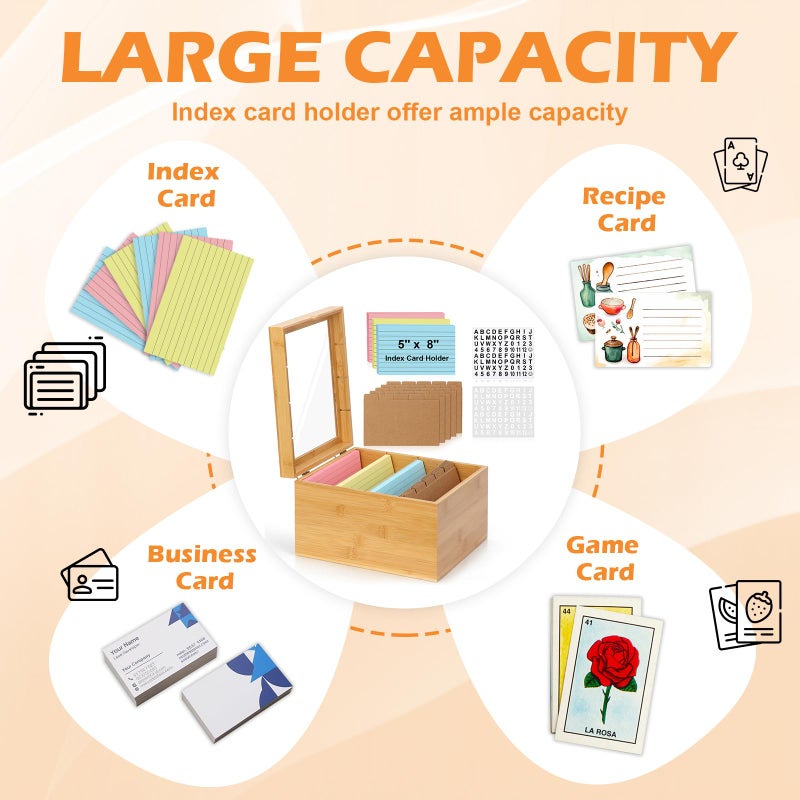 DLUGOPIS 5X8 Index Card Holder With Dividers Bamboo Index Card Storage Box 4 Compartments Recipe Card Box With Lid 150 Index Flash Cards 25 Index Card Dividers 2 Letter Smile Stickers For Office Business Home - Image 4