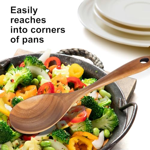 Renawe 3 Pcs 14" Long Wooden Cooking Utensils Set Mixing Spoon Slotted Spoon Wok Spatula Turner Best Wood Spoons Fish Spatula for Serving Kitchen Spoons - Image 4