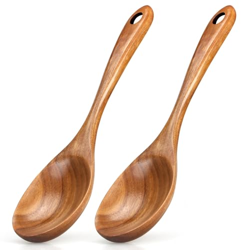 Renawe 3 Pcs 14" Long Wooden Cooking Utensils Set Mixing Spoon Slotted Spoon Wok Spatula Turner Best Wood Spoons Fish Spatula for Serving Kitchen Spoons - Image 1