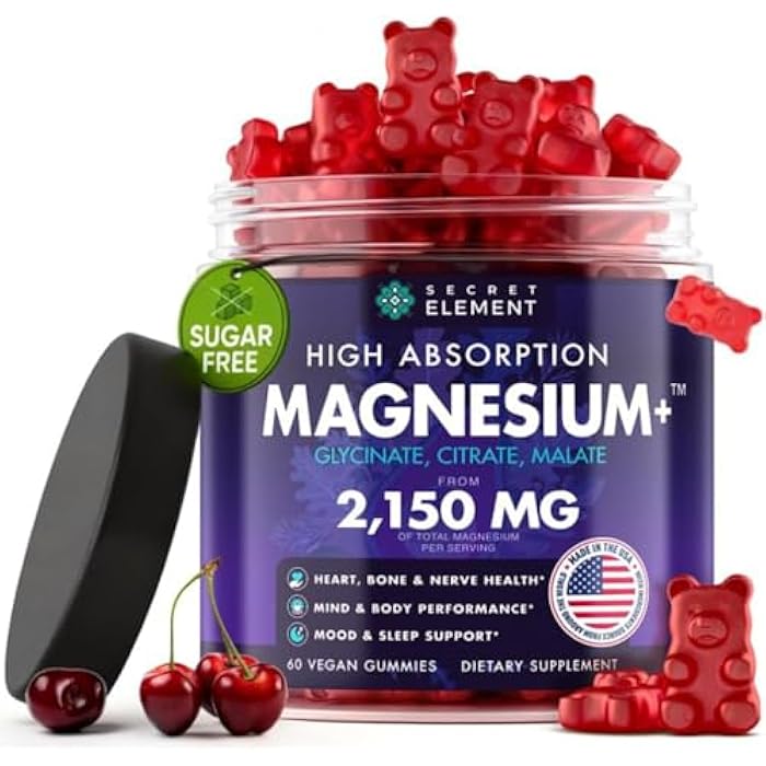 SECRET ELEMENT Magnesium Gummies 3in1 - Glycinate, Citrat, Malate 2150 MG High Absorption Supplement, Sugar-Free, Vegan, Chews for Men & Women, Inspired by Wellness Traditions Like Arjuna, 60 Gummies, Cherry Flavor - Image 1