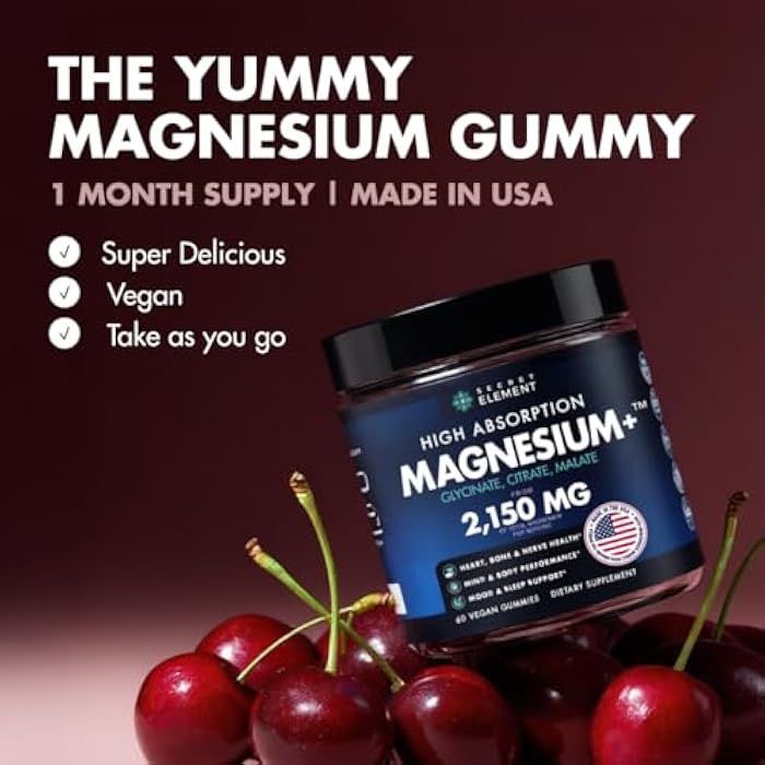 SECRET ELEMENT Magnesium Gummies 3in1 - Glycinate, Citrat, Malate 2150 MG High Absorption Supplement, Sugar-Free, Vegan, Chews for Men & Women, Inspired by Wellness Traditions Like Arjuna, 60 Gummies, Cherry Flavor - Image 2
