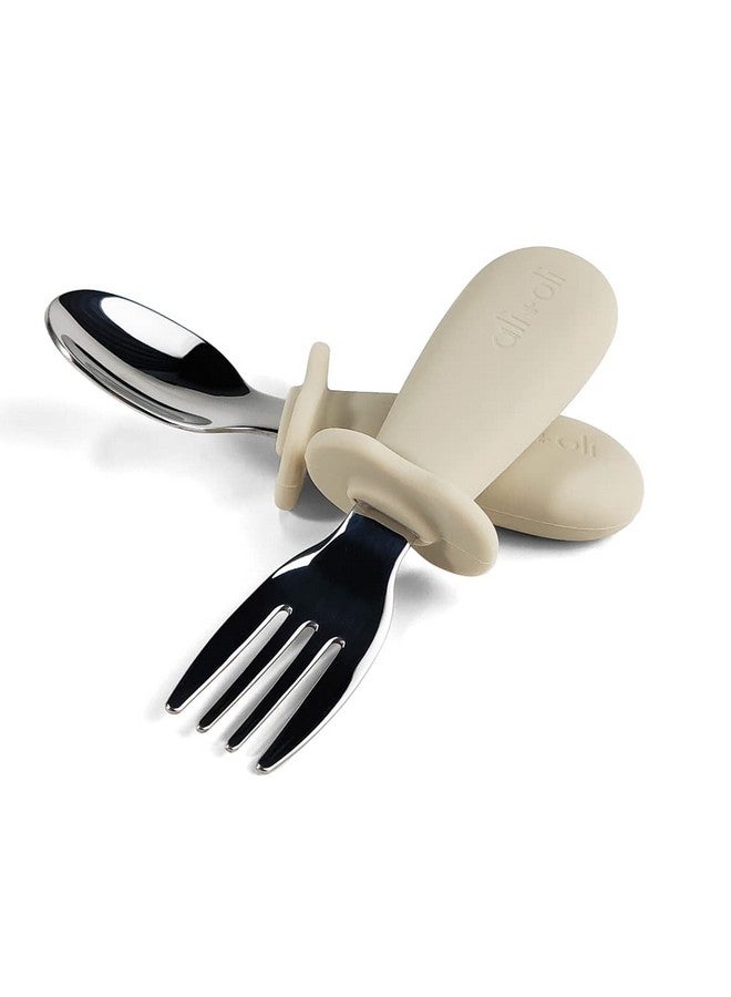 Ali+Oli Spoon & Fork Learning Set For Toddlers (Khaki) 6M+ Grab Easy Bpa Free Food-Grade Silicone Handle, Kids Silverware Self Feeding Baby Utensils, Multi-Stage Baby Feeding Set Ergonomic Design - Image 1