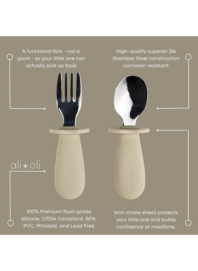 Ali+Oli Spoon & Fork Learning Set For Toddlers (Khaki) 6M+ Grab Easy Bpa Free Food-Grade Silicone Handle, Kids Silverware Self Feeding Baby Utensils, Multi-Stage Baby Feeding Set Ergonomic Design - Image 2
