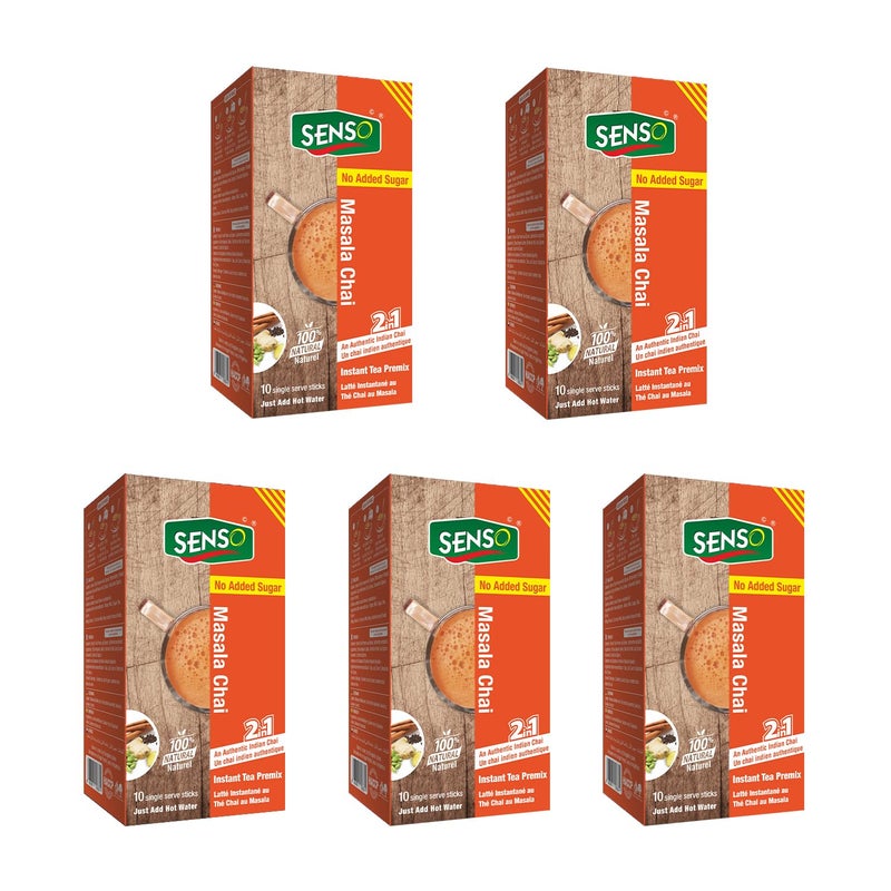 Senso Masala Tea Premix Unsweetened (Pack of 5) | No Sugar | (14g * 10 Sachets) Adrak Elaichi Masala Chai, instant tea premix, sachets masala chai premix, masala tea powder, ready mix tea One Minute, Assam Tea, Desi Chai - Image 1