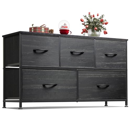 WLIVE Dresser for Bedroom with 5 Drawers Wide Chest of Drawers Fabric Dresser Storage Organizer Unit with Fabric Bins for Closet Living Room Hallway Charcoal Black Wood Grain Print