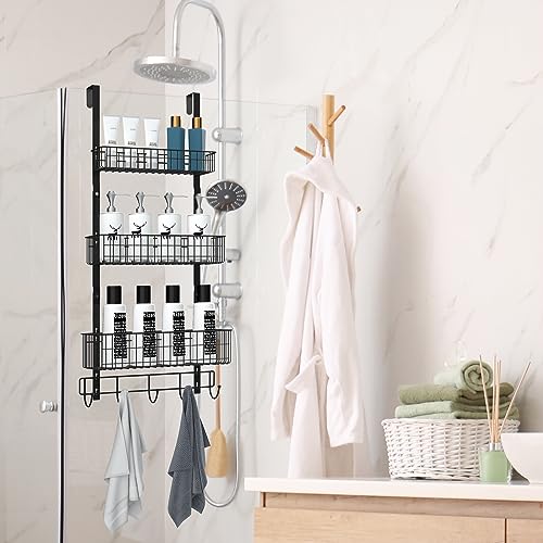CADUKE Black Over The Door Organizer Over The Door Hooks with Basket Storage Door Towel Racks for Bathroom Door Storage Rack with 5 Hooks 3-Tier Door Hanger Basket for Kitchen - Image 3