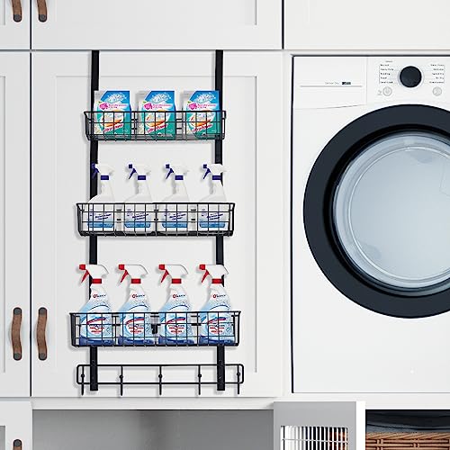CADUKE Black Over The Door Organizer Over The Door Hooks with Basket Storage Door Towel Racks for Bathroom Door Storage Rack with 5 Hooks 3-Tier Door Hanger Basket for Kitchen - Image 4