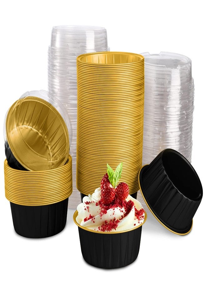 DEAYOU 100 Pieces Aluminum Foil Baking Cups with Lids, 5oz Disposable Ramekin Cupcake Liners, Tart Pie Tin Pan Holder, Mini Cake Containers for Pudding, Souffle, Party, Wedding, Black Gold Color - Image 1