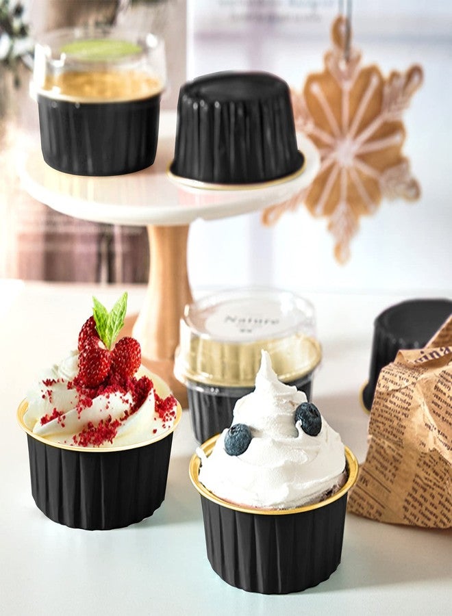 DEAYOU 100 Pieces Aluminum Foil Baking Cups with Lids, 5oz Disposable Ramekin Cupcake Liners, Tart Pie Tin Pan Holder, Mini Cake Containers for Pudding, Souffle, Party, Wedding, Black Gold Color - Image 4