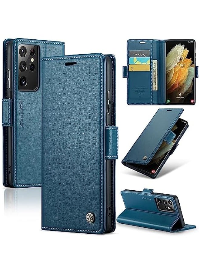 Generic - RFID Blocking Case for Samsung Galaxy S21 ULTRA - Card Holder, Durable Leather, Kickstand, Magnetic Closure - Shockproof Flip Case (Blue) - Image 1
