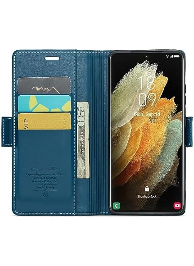 Generic - RFID Blocking Case for Samsung Galaxy S21 ULTRA - Card Holder, Durable Leather, Kickstand, Magnetic Closure - Shockproof Flip Case (Blue) - Image 1
