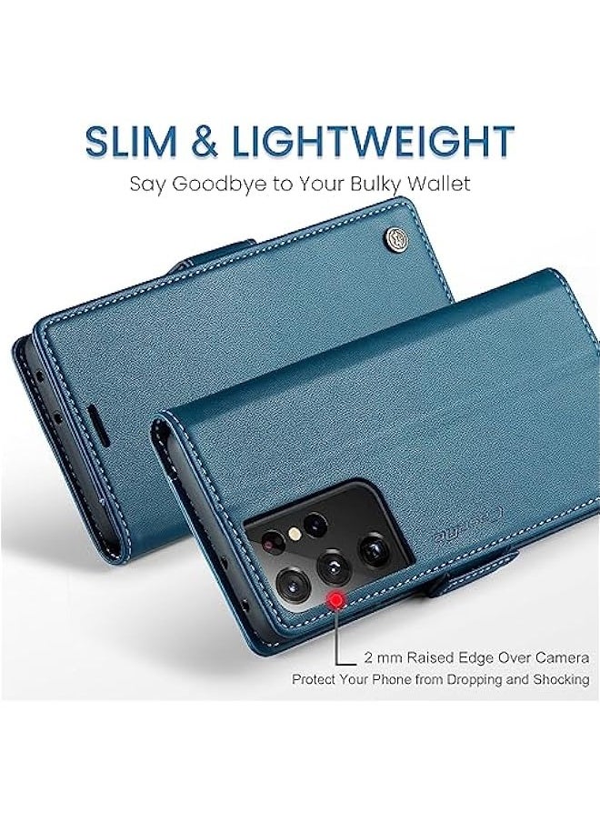 Generic - RFID Blocking Case for Samsung Galaxy S21 ULTRA - Card Holder, Durable Leather, Kickstand, Magnetic Closure - Shockproof Flip Case (Blue) - Image 1