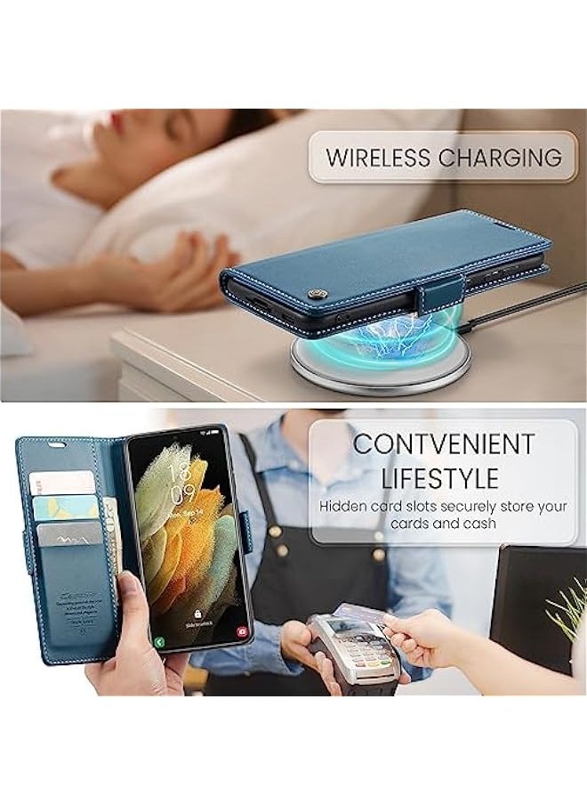 Generic - RFID Blocking Case for Samsung Galaxy S21 ULTRA - Card Holder, Durable Leather, Kickstand, Magnetic Closure - Shockproof Flip Case (Blue) - Image 1
