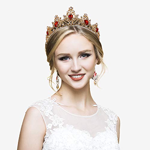 Minkissy Gemstone Crown Crystal Rhinestone Tiara Crown Queen Princess Pageant Tiara Hair Accessory for Wedding Party Red - Image 2
