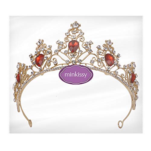 Minkissy Gemstone Crown Crystal Rhinestone Tiara Crown Queen Princess Pageant Tiara Hair Accessory for Wedding Party Red - Image 5