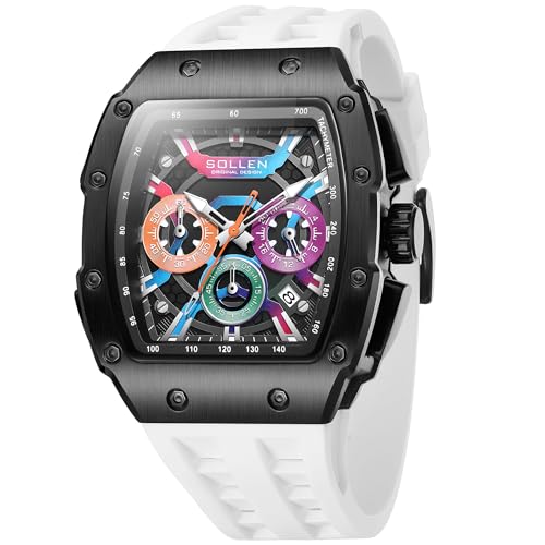 SOLLEN Stylish Men's Tonneau Watches, Analog Quartz Mens Chronograph Watch with Calendar,Fashion Sport Casual Work Wrist Watches for Men with Silicon Strap,Colorful Dial Skeleton Watch Gifts for Men - Image 1