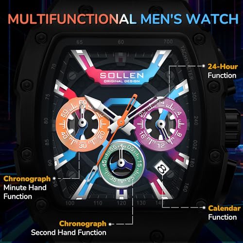 SOLLEN Stylish Men's Tonneau Watches, Analog Quartz Mens Chronograph Watch with Calendar,Fashion Sport Casual Work Wrist Watches for Men with Silicon Strap,Colorful Dial Skeleton Watch Gifts for Men - Image 4