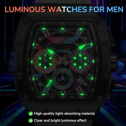 SOLLEN Stylish Men's Tonneau Watches, Analog Quartz Mens Chronograph Watch with Calendar,Fashion Sport Casual Work Wrist Watches for Men with Silicon Strap,Colorful Dial Skeleton Watch Gifts for Men - Image 5