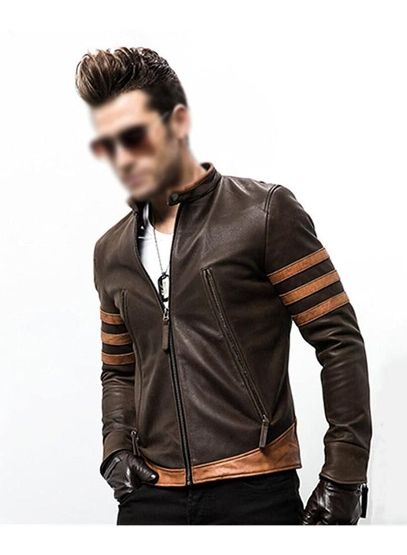 SYOSI PU Leather Locomotive Coat for Men, Zipper Jacket Motorcycle Jacket Zippered Coats Stylish Jackets Slim Coats Casual Jacket(Color : Dark Brown, Size : X-Large)  - Image 3