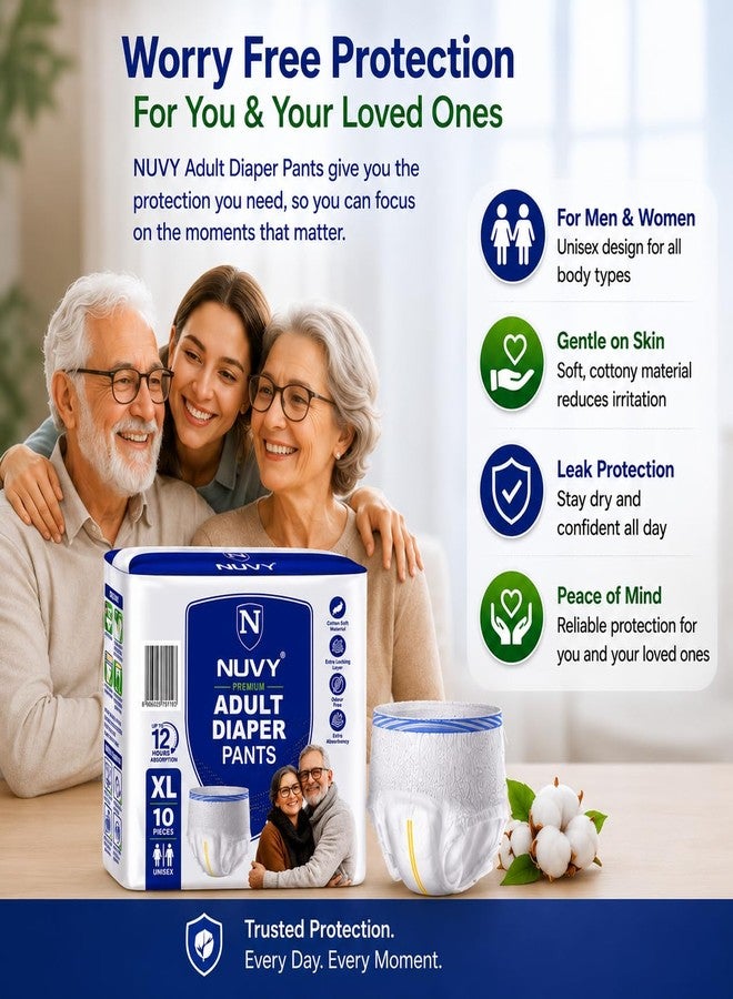 NUVY Premium Adult Diaper Pant XL Size (46" - 64" Waist) | 12 Hours Overnight Protection Pant Style Diapers for Men & Women | Super Absorbent, Cotton Soft & Odour Control - Pack of 10 - Image 5