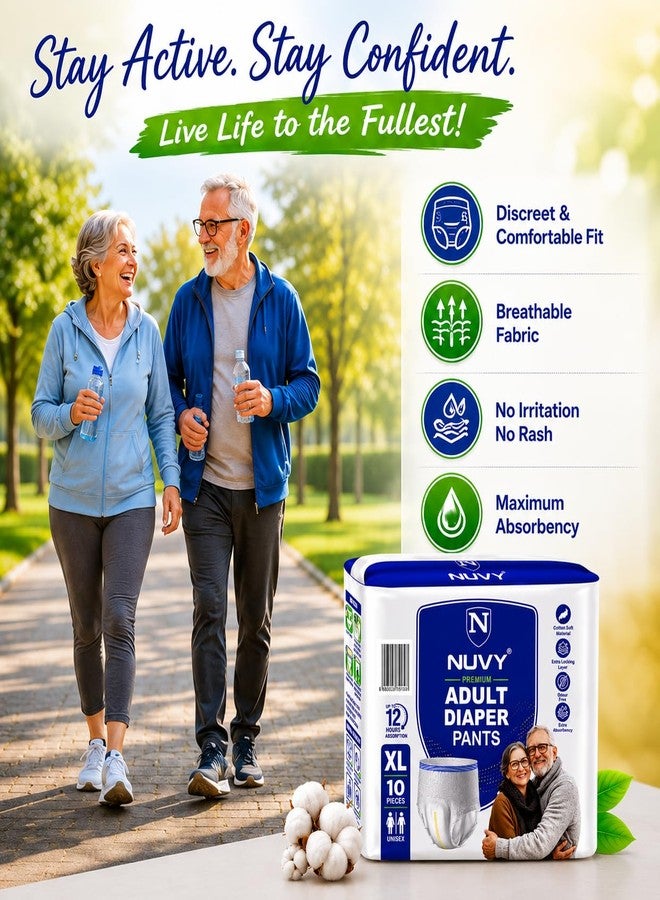 NUVY Premium Adult Diaper Pant XL Size (46" - 64" Waist) | 12 Hours Overnight Protection Pant Style Diapers for Men & Women | Super Absorbent, Cotton Soft & Odour Control - Pack of 10 - Image 4