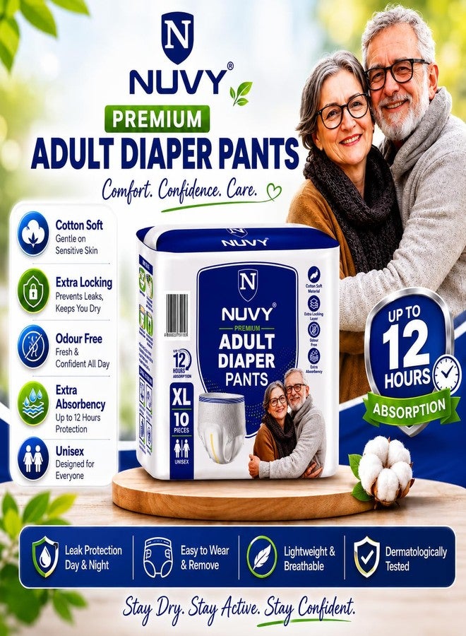 NUVY Premium Adult Diaper Pant XL Size (46" - 64" Waist) | 12 Hours Overnight Protection Pant Style Diapers for Men & Women | Super Absorbent, Cotton Soft & Odour Control - Pack of 10 - Image 2