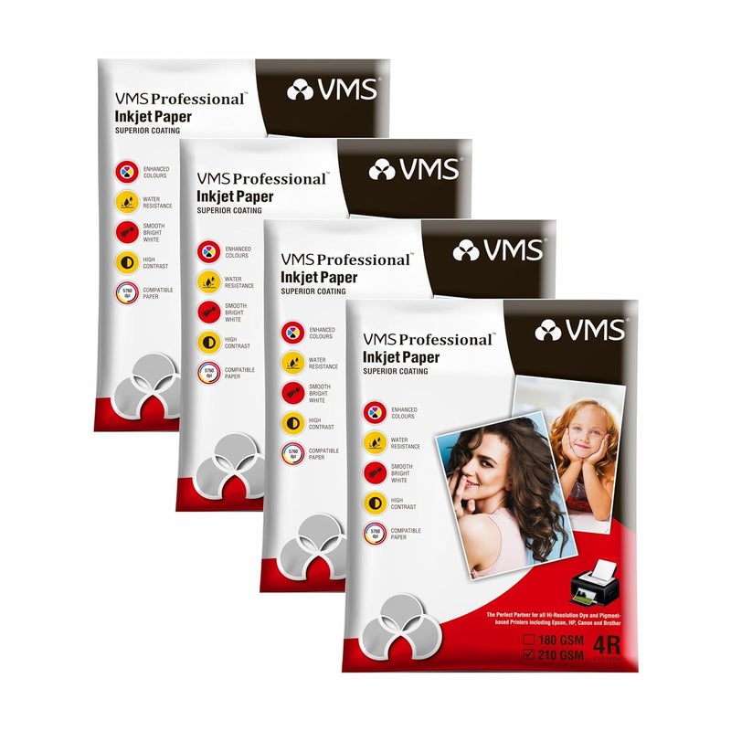 VMS Professional 210 GSM 4R (4x6) Glossy Photo Paper – Water Resistant, Pack of 4 x 100 sheets, Compatible with all Inkjet Printers - Image 1