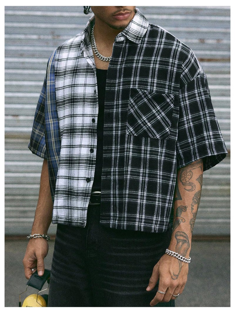 Verdusa Men's Plaid Checkered Cropped Shirt Drop Shoulder Short Sleeve Boxy Vacation Crop Tops Streetwear Multicolor Medium - Image 4