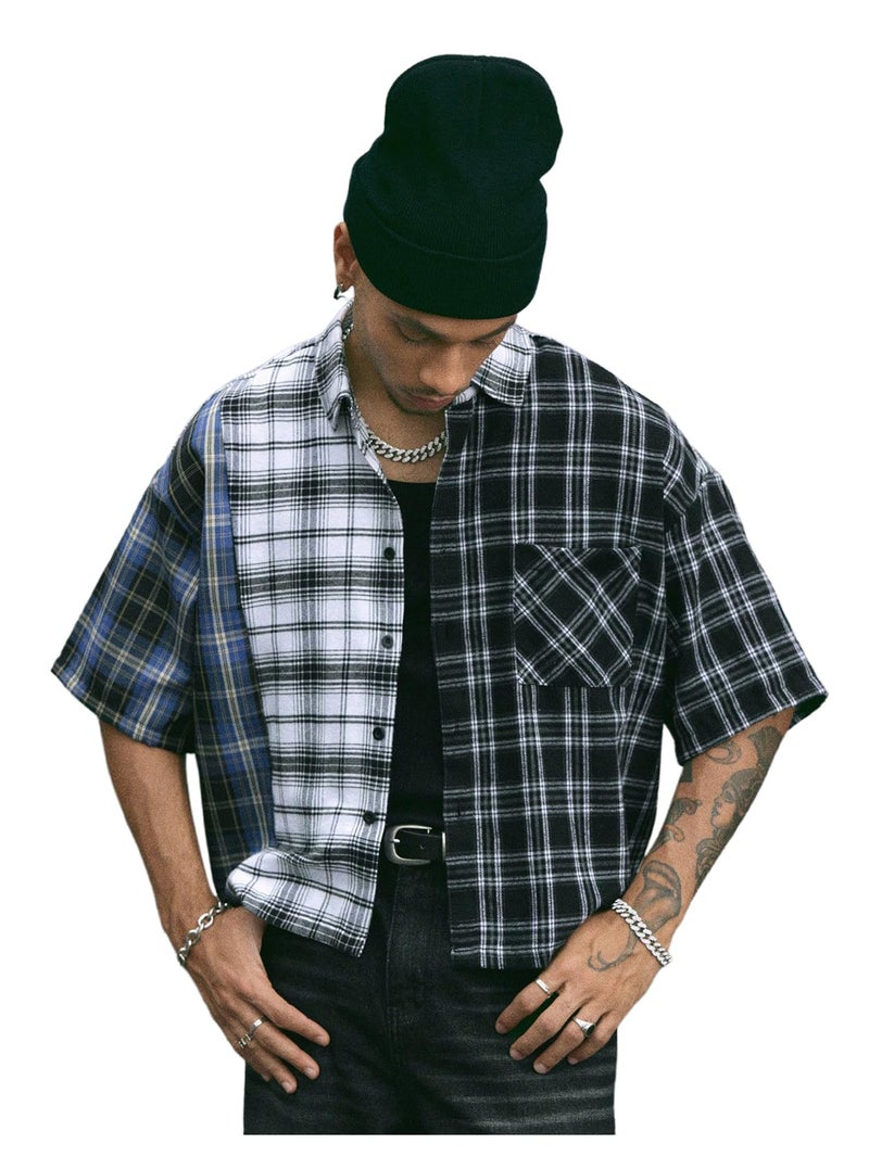 Verdusa Men's Plaid Checkered Cropped Shirt Drop Shoulder Short Sleeve Boxy Vacation Crop Tops Streetwear Multicolor Medium - Image 1