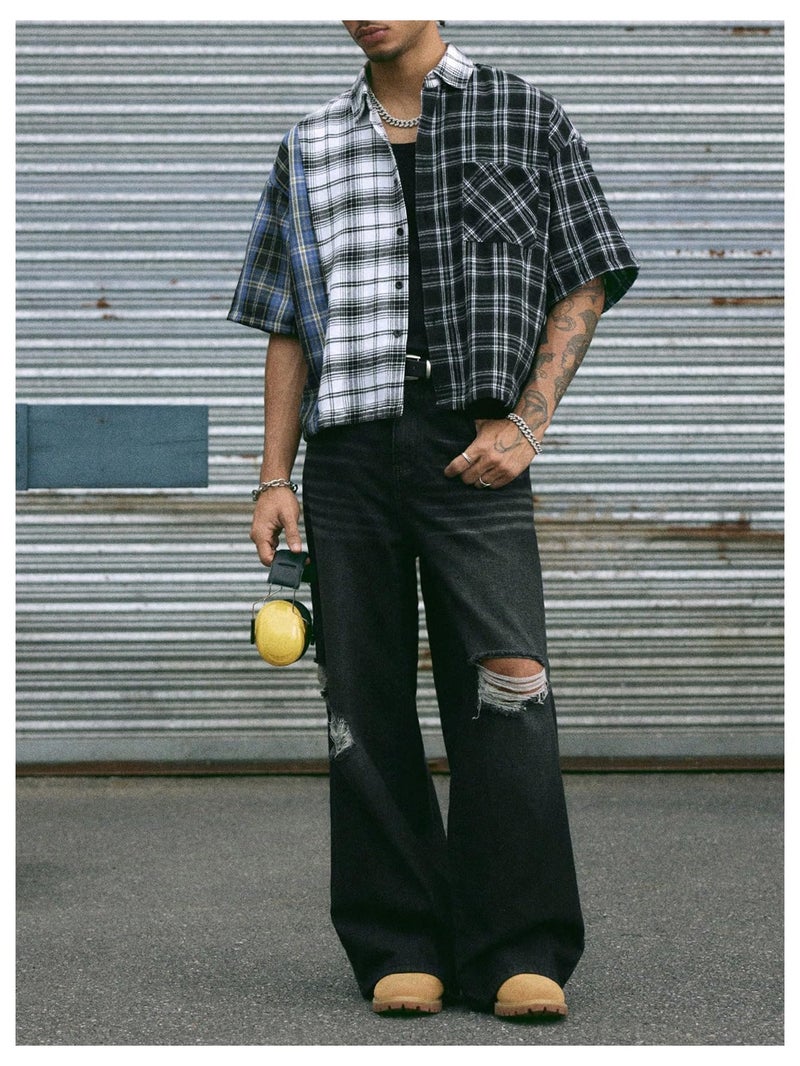 Verdusa Men's Plaid Checkered Cropped Shirt Drop Shoulder Short Sleeve Boxy Vacation Crop Tops Streetwear Multicolor Medium - Image 5