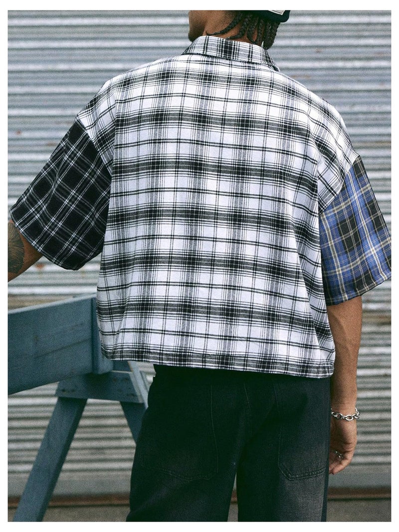 Verdusa Men's Plaid Checkered Cropped Shirt Drop Shoulder Short Sleeve Boxy Vacation Crop Tops Streetwear Multicolor Medium - Image 3