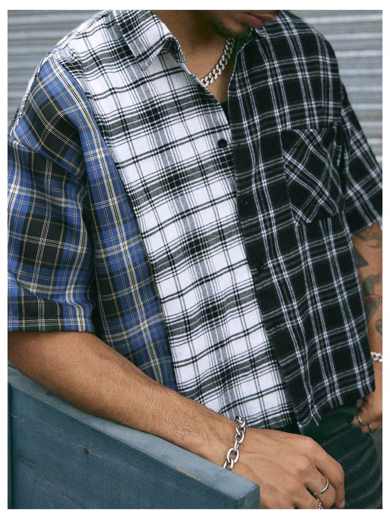 Verdusa Men's Plaid Checkered Cropped Shirt Drop Shoulder Short Sleeve Boxy Vacation Crop Tops Streetwear Multicolor Medium - Image 2