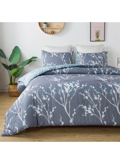 Andency Comforter King Size Grey104x90 Inch 3 Pieces Soft Lightweight Microfiber Branches Comforter Bedding Set Reversible Flower Plum Blossom Bed Set 1 Comforter 2 Pillowcases