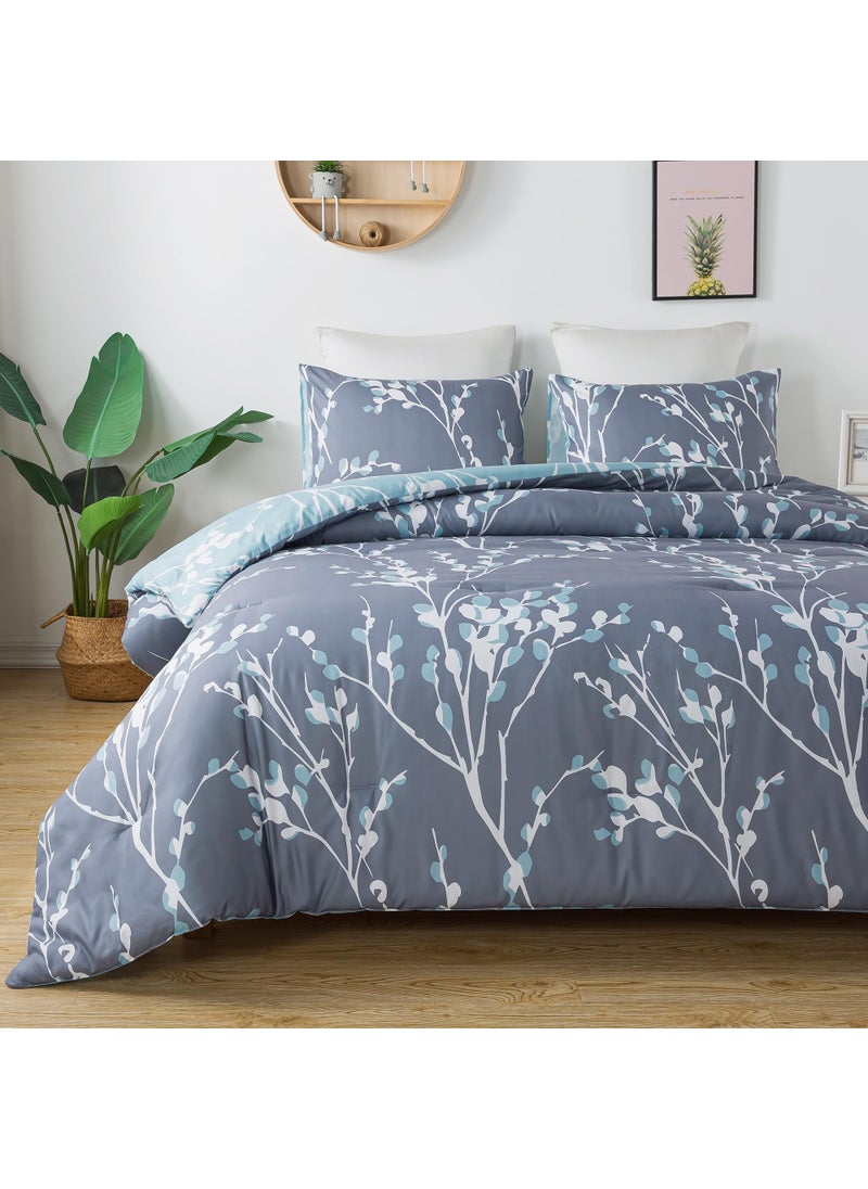 Andency Andency Comforter King Size Grey104x90 Inch 3 Pieces Soft Lightweight Microfiber Branches Comforter Bedding Set Reversible Flower Plum Blossom Bed Set 1 Comforter 2 Pillowcases 