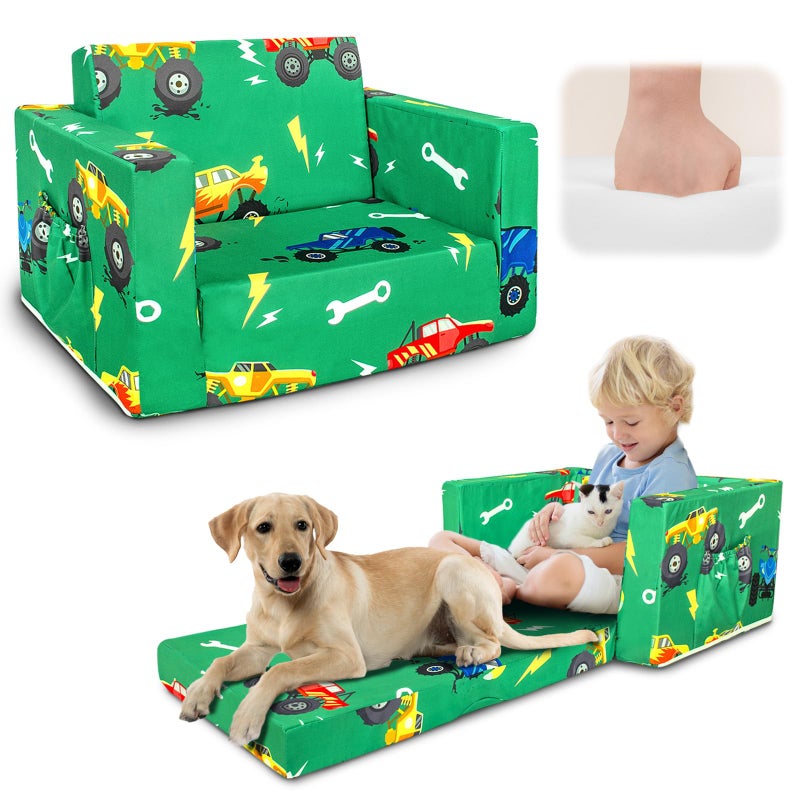 Beavtaens Kids Couch, 2-in-1 Kids Fold Out Sofa, Convertible Toddler Couch to Lounger for Girls and Boys, Soft Toddler Chairs Comfy 1-3 Years Old (Green Monster Truck) - Image 1