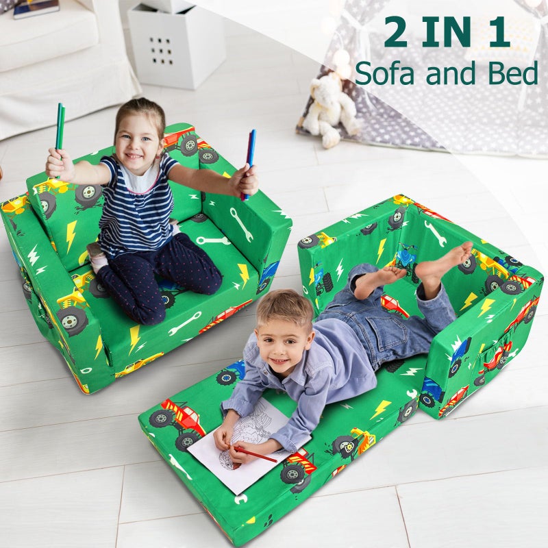 Beavtaens Kids Couch, 2-in-1 Kids Fold Out Sofa, Convertible Toddler Couch to Lounger for Girls and Boys, Soft Toddler Chairs Comfy 1-3 Years Old (Green Monster Truck) - Image 3