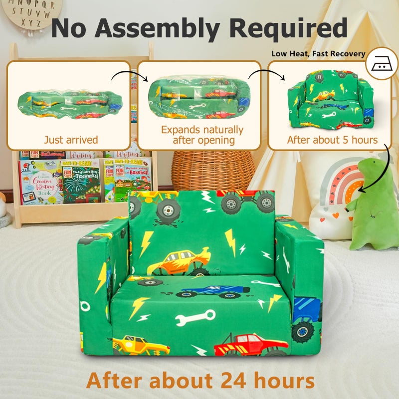 Beavtaens Kids Couch, 2-in-1 Kids Fold Out Sofa, Convertible Toddler Couch to Lounger for Girls and Boys, Soft Toddler Chairs Comfy 1-3 Years Old (Green Monster Truck) - Image 2