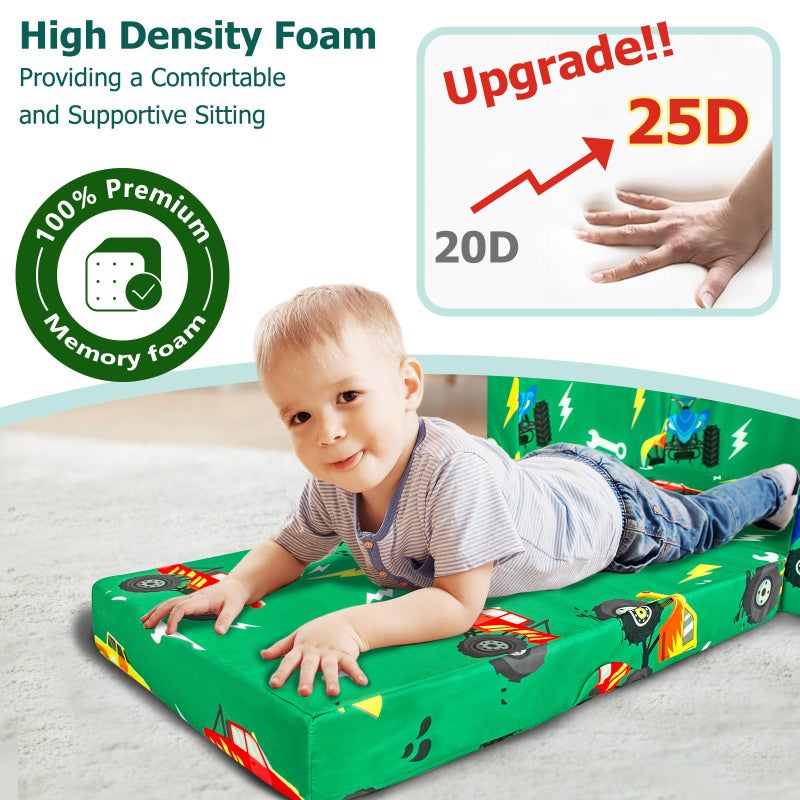 Beavtaens Kids Couch, 2-in-1 Kids Fold Out Sofa, Convertible Toddler Couch to Lounger for Girls and Boys, Soft Toddler Chairs Comfy 1-3 Years Old (Green Monster Truck) - Image 5