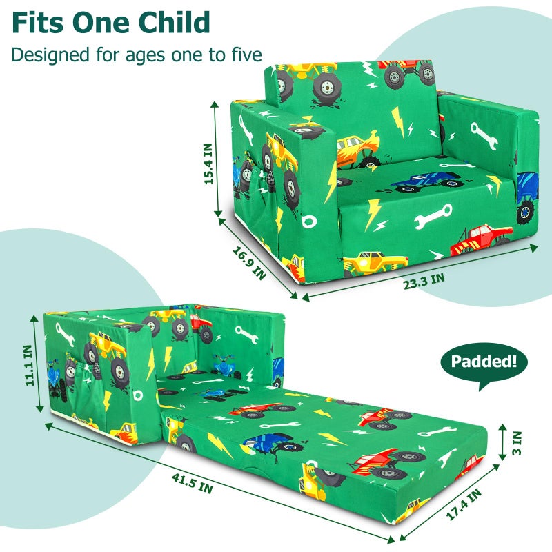 Beavtaens Kids Couch, 2-in-1 Kids Fold Out Sofa, Convertible Toddler Couch to Lounger for Girls and Boys, Soft Toddler Chairs Comfy 1-3 Years Old (Green Monster Truck) - Image 4