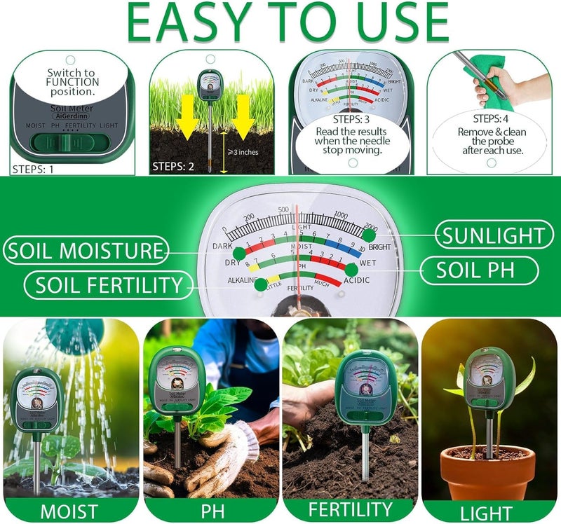 AiGerdinn Soil Moisture Meter for Plants, 4-in-1 Soil Tester - pH/Fertility/Sunlight Meter, Large Dial, Indoor/Outdoor Plant Water Monitor, Garden Soil Test Kit for Lawn, Farm, Houseplants - Image 4