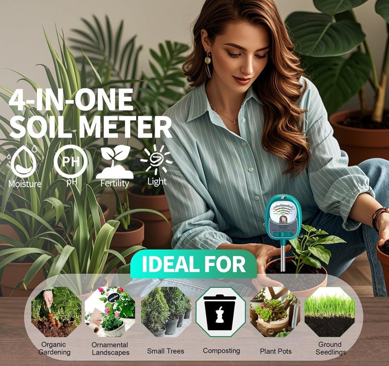 AiGerdinn Soil Moisture Meter for Plants, 4-in-1 Soil Tester - pH/Fertility/Sunlight Meter, Large Dial, Indoor/Outdoor Plant Water Monitor, Garden Soil Test Kit for Lawn, Farm, Houseplants - Image 3