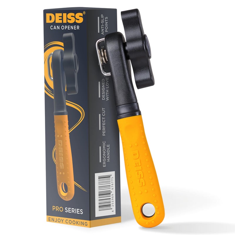 Deiss Pro Heavy Duty Can Opener Manual Smooth Edge Handheld Can Opener With Soft Touch Handle Rust Proof Safety Can Opener Oversized Handheld Easy Turn Knob Best Large Lid Openers ORANGE