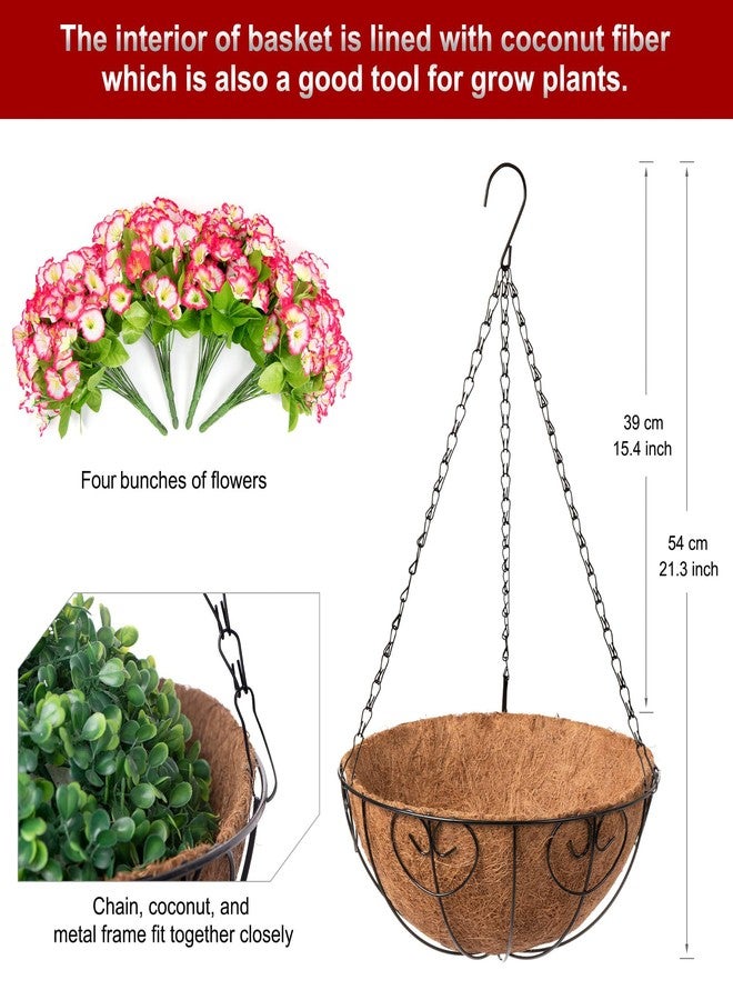 Ammyoo Artificial Hanging Flowers in Basket, Artificial Petunias Flower Arrangement,12 inch Coconut Lining Basket with Morning Glories Fake Plants for Patio Garden Porch Deck Decoration(Pink) - Image 2
