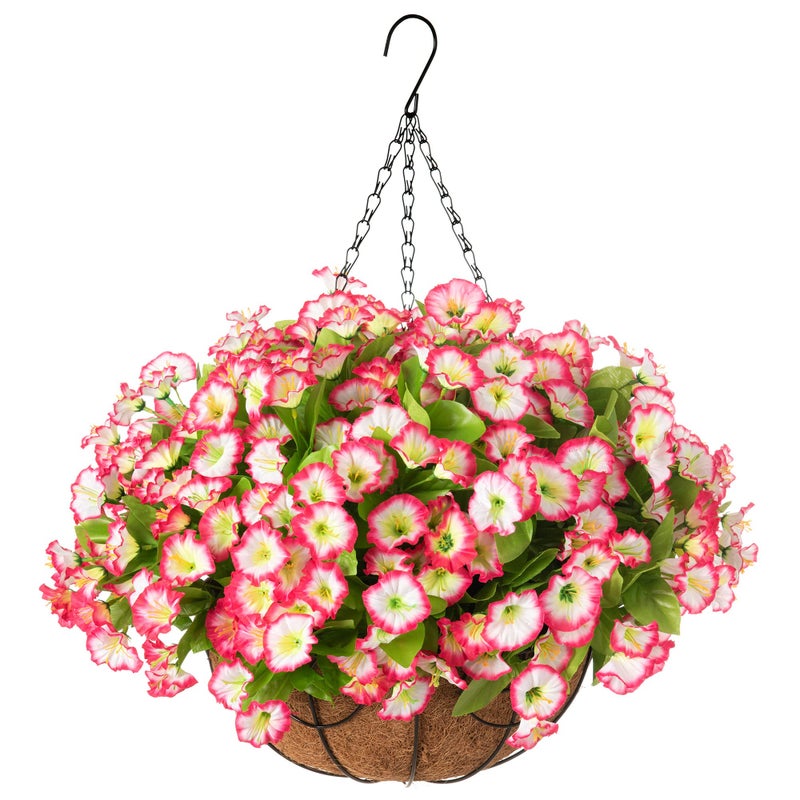 Ammyoo Artificial Hanging Flowers in Basket, Artificial Petunias Flower Arrangement,12 inch Coconut Lining Basket with Morning Glories Fake Plants for Patio Garden Porch Deck Decoration(Pink) - Image 1