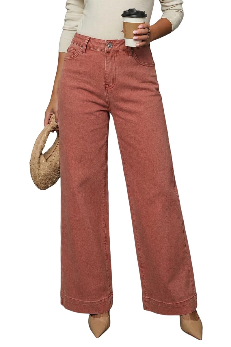 Dokotoo Women's Casual High Waisted Jeans for Women Straight Wide Leg Loose Stretch Denim Pants Brown Size 6 - Image 1